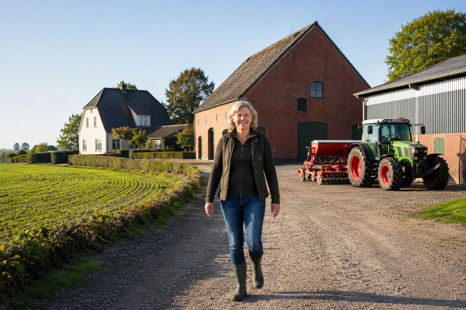 Landwirtin vor einem deutschen Ackerbaubetrieb mit Hof und Feldern